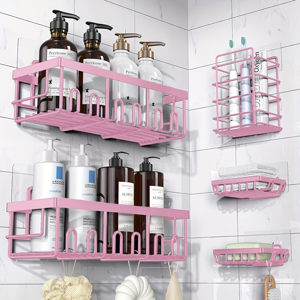 Shower Caddy Organizer 5 Pack Adhesive Rustproof Stainless Steel Shower Shelves with Soap Holder No Drilling Bathroom Storage Rack for Shower Wall Renters Apartment Kitchen Multiple Colors