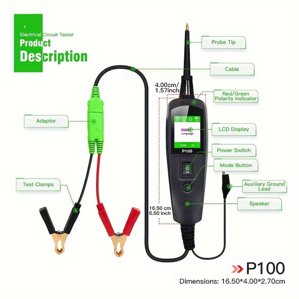 Circuit Tester Probe Kit Topdiag P100 AC DC Voltage Tester 12V 24V Car Diagnostic Tool Electrical Test Light with 6.56ft Cable Continuity Resistance Short Circuit Finder for Automotive Truck Trailer