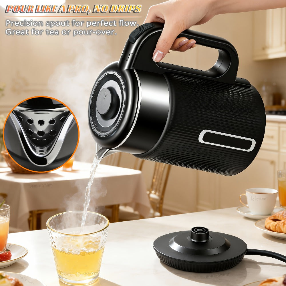 Electric Kettle 1000W Double Wall Stainless Steel ¨C 57.48oz 304 SS Hot Water Kettle with 360¡ã Rotary Base, LED Light, Auto Shut-Off & Boil-Dry Protection, Instant Water Warmer for Coffee & Tea ¨C Black