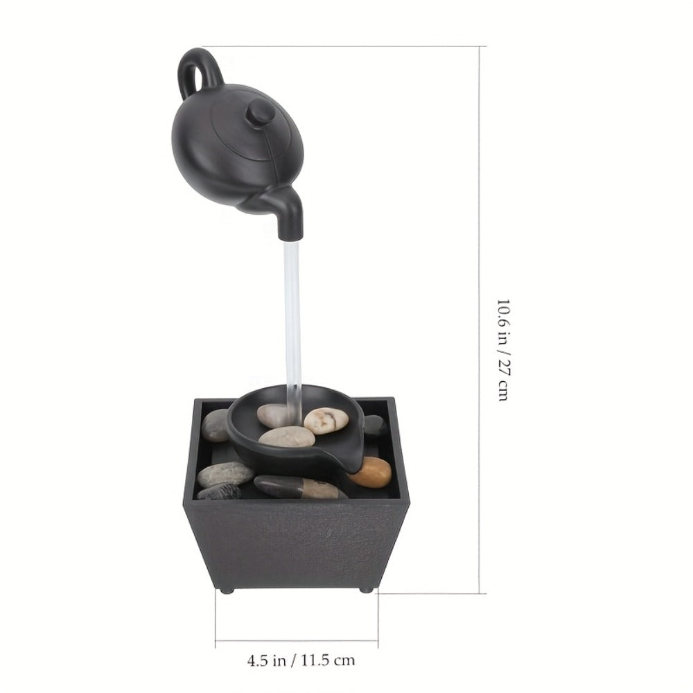 Tabletop Water Fountain with LED Light Zen Teapot Indoor Relaxation Fountain Black Resin Pebble Bed Soothing Water Flow Meditation Decor Home Office Desk Zen Garden Gift