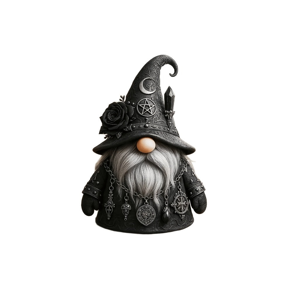 Resin Figurine Gothic Elf Dwarf Statue ¨C Vintage Fantasy Desktop Ornament with Crescent Pentagram Black Rose Gray Beard ¨C Mysterious Collectible Sculpture for Home Office Shelf Decor Gift