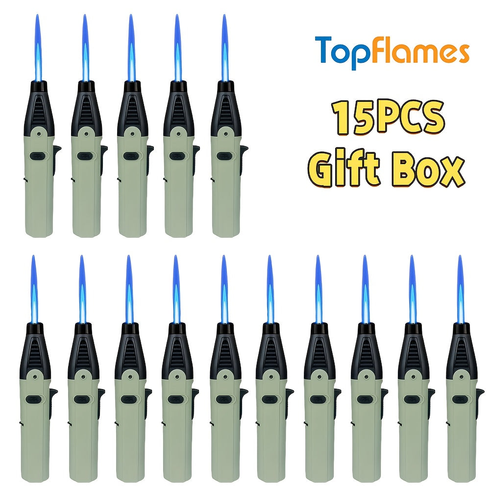 Torch Lighter Set Windproof Jet Flame with Safety Lock & Adjustable Flame - 10/15pcs Long Igniter for Candles, Grill, BBQ & Fireworks | Gift Box | 5 Colors