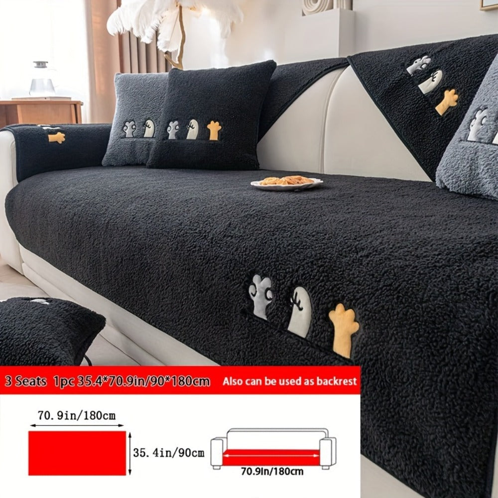 Plush Shearling Sofa Cover Non-Slip Pet-Friendly Couch Protector Animal Bone Embroidery Soft Warm for Living Room Bedroom Office 2 3 4 Seater
