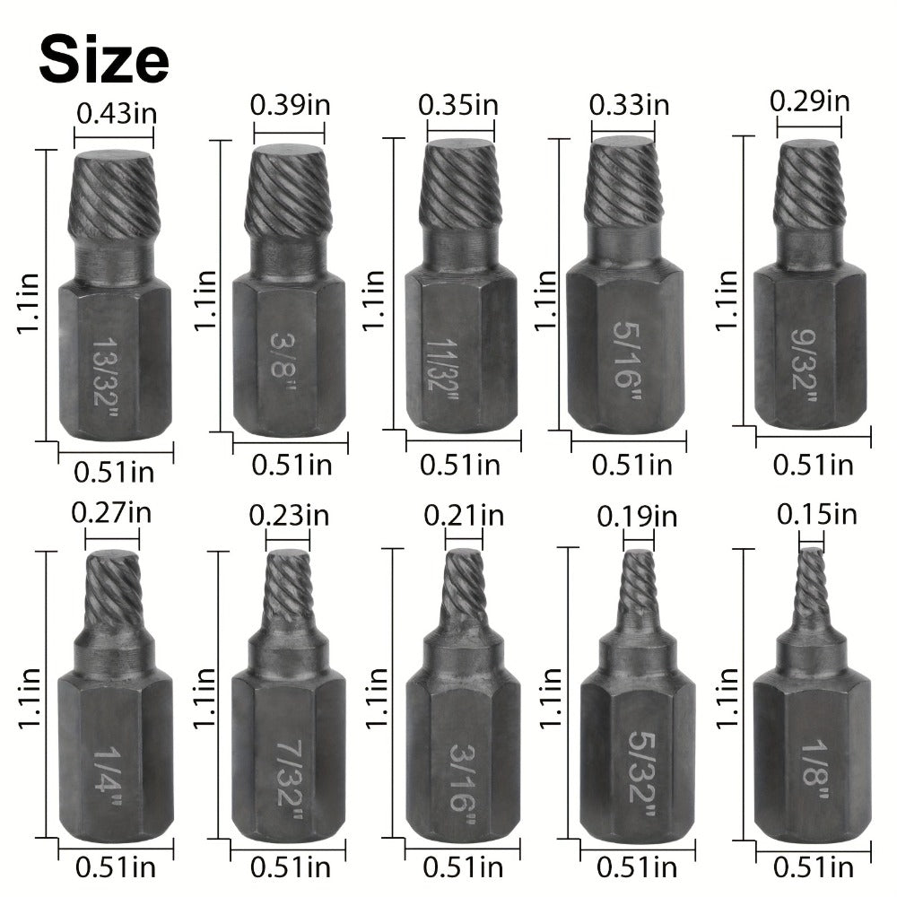 Screw Extractor Set 10pcs, 1/8¡± to 13/32¡± Broken Bolt Extractor Kit, Left-Handed Alloy Steel Nut & Stud Remover Tool for Stripped Screws, Bolts, Threaded Pipes & Fittings