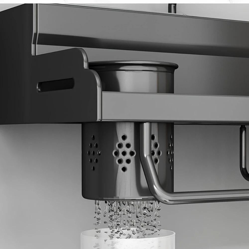 Kitchen Wall Mounted Storage Rack Double Layer ¨C No-Drill Organizer with Knife Slots, Chopstick Holder & Towel Bar, Space-Saving Floating Shelf for Kitchen Counter, 19.69 Inch (Black)
