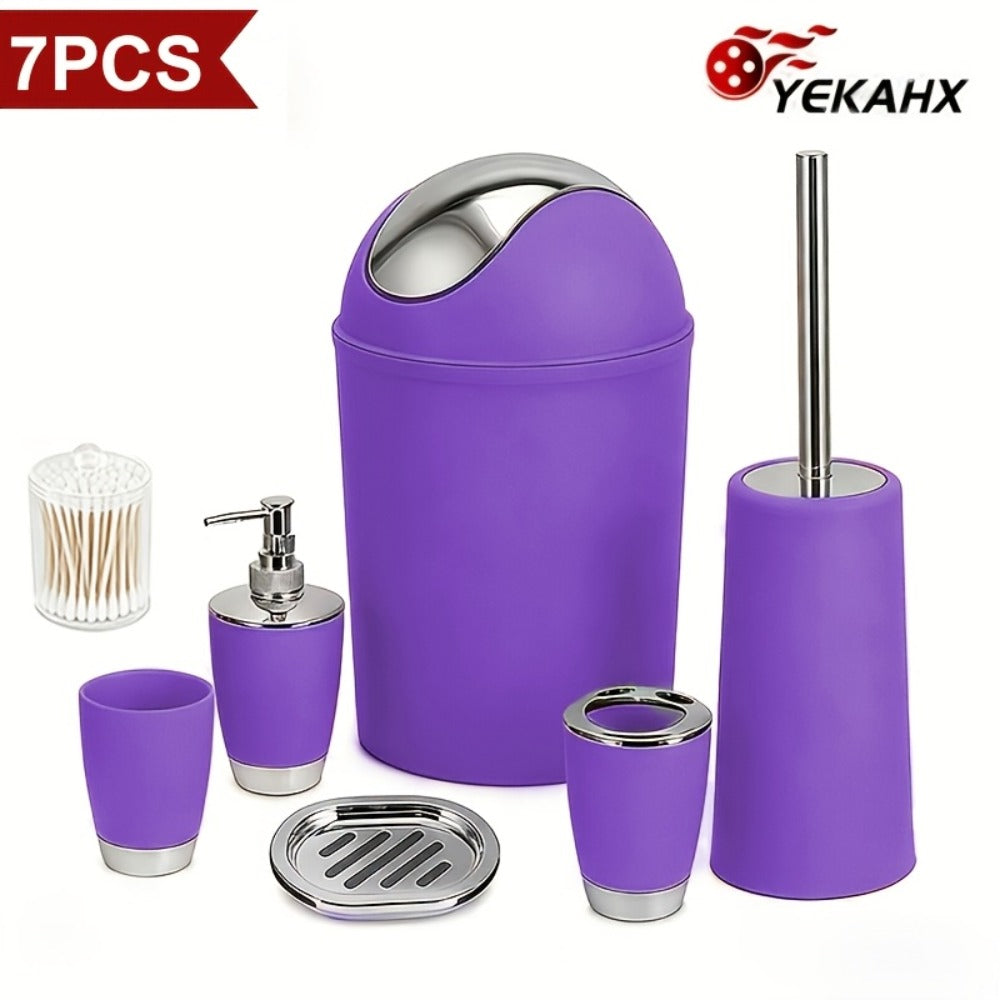 Bathroom Accessory Set 7 Piece - Luxury Modern Complete Bath Set with Trash Can Toilet Brush Lotion Dispenser Soap Dish Mouthwash Cup Toothbrush Holder | Space Saving Easy Clean Housewarming Gift 7 Colors