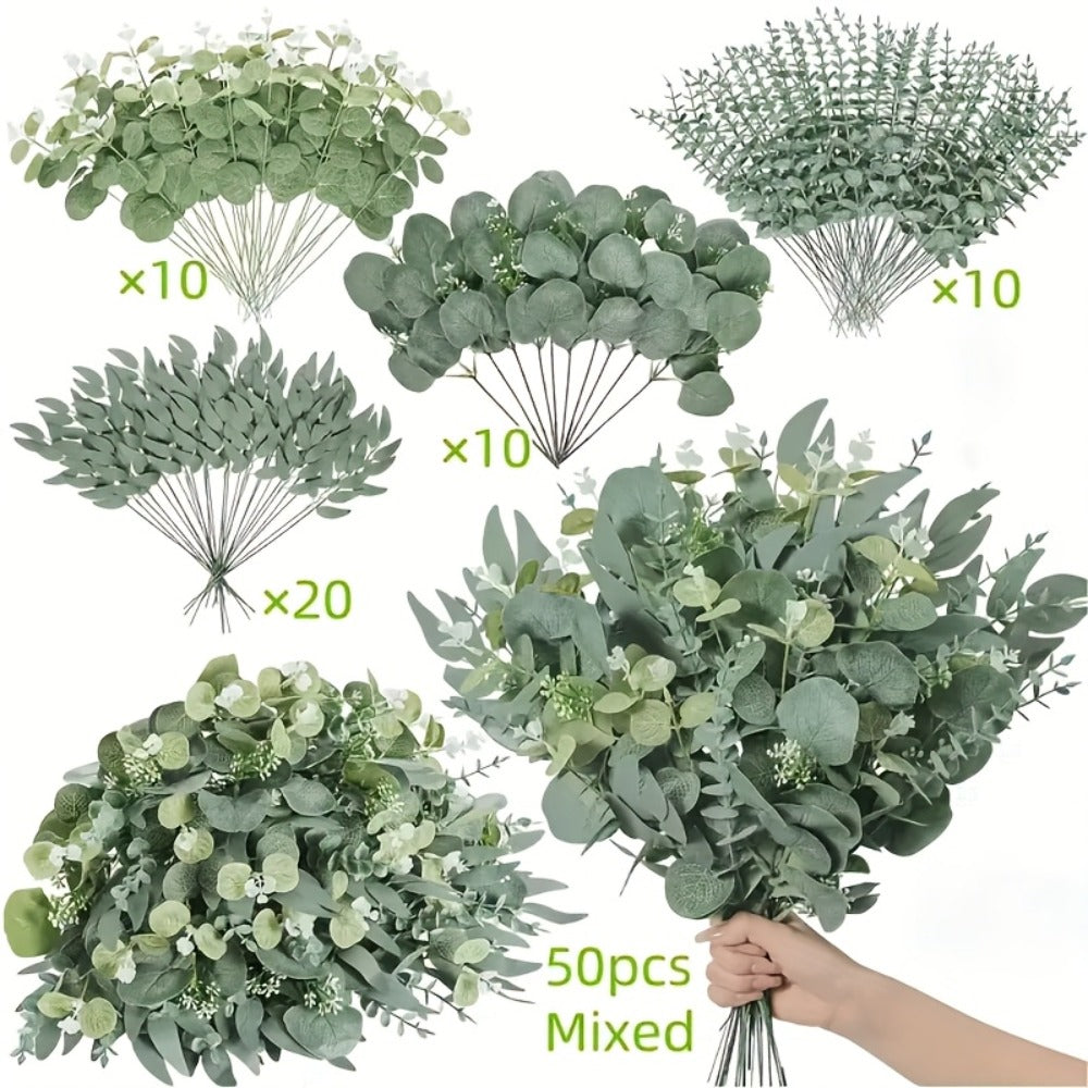 Artificial Eucalyptus Stems Bulk 50 56pcs Fake Flowers with 4 Leaf Varieties Lifelike Green Foliage Bouquet White Flowers for Wedding DIY Home Office Spring Valentine's Day St Patrick's Day Decor