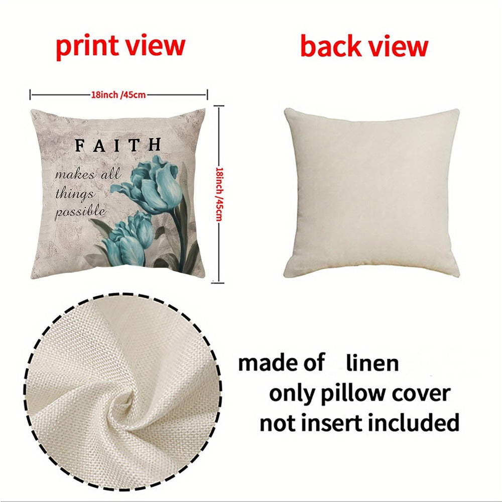 Teal Tulip Throw Pillow Covers 4 Pack Floral Farmhouse Decorative Cushion Covers for Sofa Couch Bed Patio Outdoor Living Room 18x18 Inch Zipper Closure Machine Washable