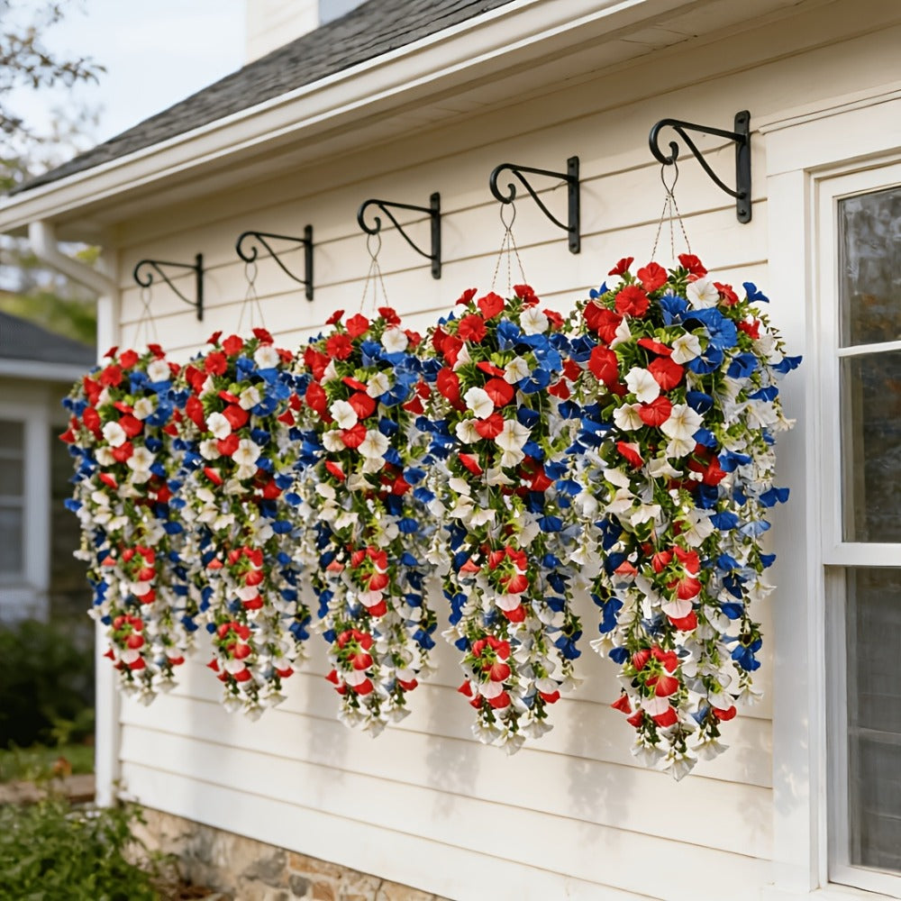 Artificial Hanging Morning Glory Flowers 6pcs - Red White Blue Fake Flower Vines for Home Garden Outdoor Indoor Decor, Independence Day Memorial Day Decoration, No Maintenance Plastic Blooms