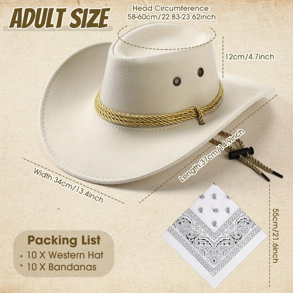 Cowboy Hat and Bandana Set 10-Pack | Bulk Cowgirl Western Hats with Polyester Bandanas for Adults Costume Party Halloween Birthday Rodeo Country Theme Events
