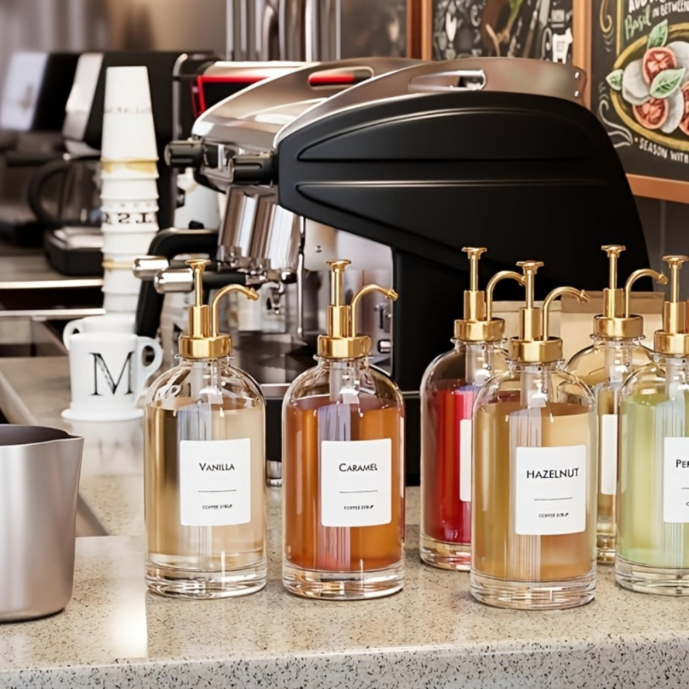 Glass Coffee Syrup Dispenser Set 4-Piece ¨C 16.9oz Pump Bottles with Labels for Coffee Bar, Kitchen Syrup Organizer, Food-Safe Dispenser for Sauces, Oils & Flavored Syrups ¨C Gold, Silver, Black