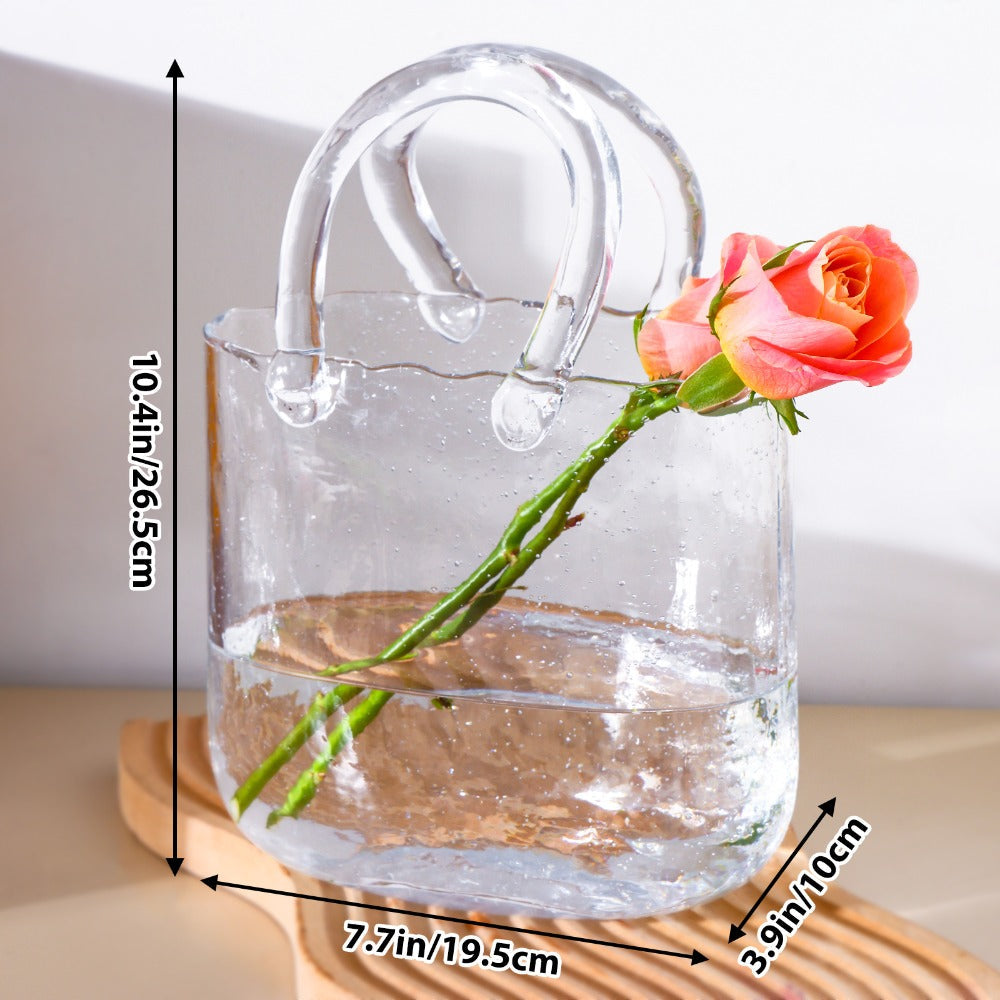 Glass Purse Vase for Flowers ¨C Handbag Shape Clear Decorative Flower Vase, Home Table Decor, Gift