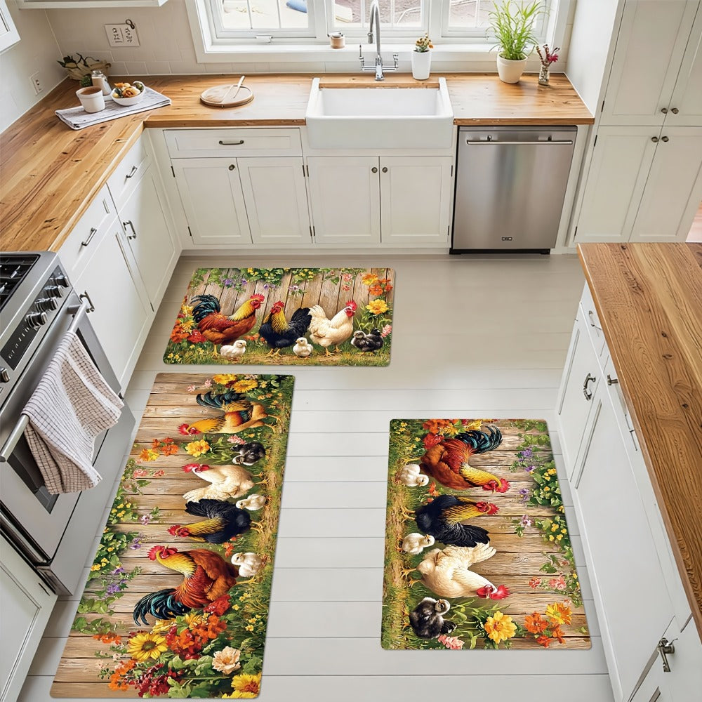 Rooster Kitchen Rugs Set 1/2/3/4pcs Vintage Farmhouse Anti-Slip Floor Mats for Kitchen Bedroom Bathroom Living Room Laundry Room Entrance