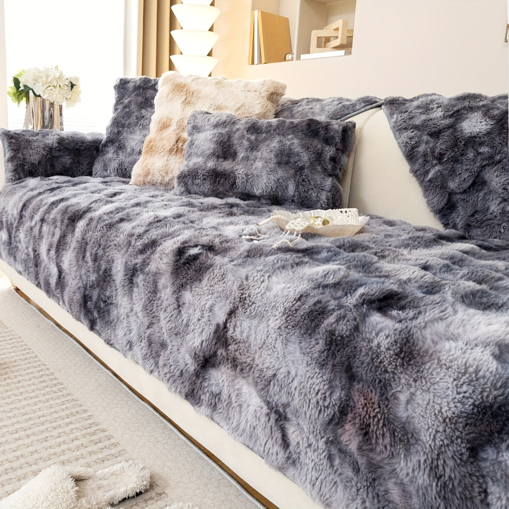 Plush Sofa Cover Faux Lamb Thick Fluffy Couch Slipcover Pet Friendly Machine Washable Gradient Color Polyester Furniture Protector for Armchair Single Double Triple Sofa Living Room Home Decor