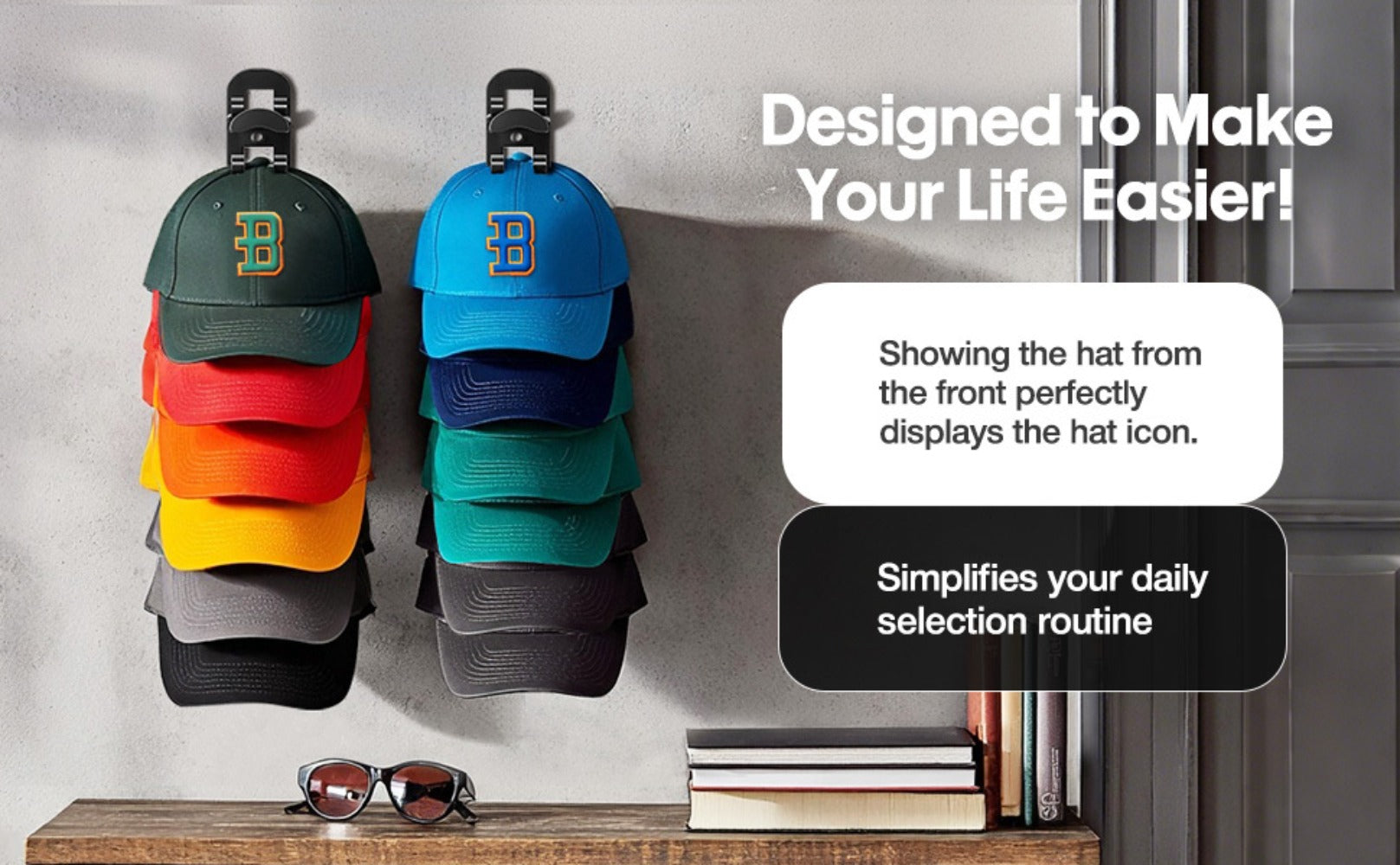Wall Mounted Hat Rack for Baseball Caps ¨C Adhesive or Drill Mount, Holds 20 Hats, Multilayer Storage, 2pcs