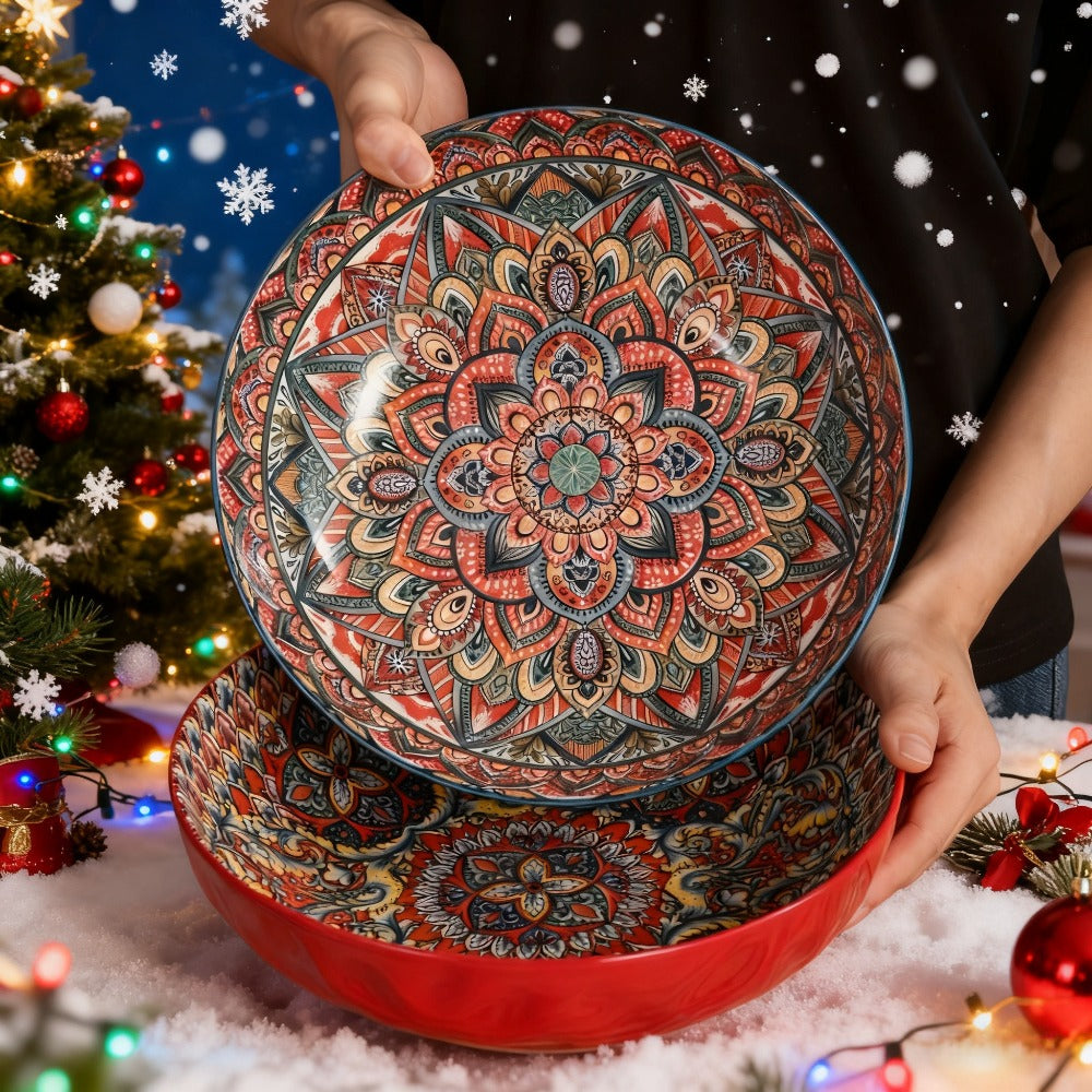 Ceramic Soup Bowl Set 2pcs Bohemian Floral Hand-Painted 25.8cm Microwave Safe Vintage Tableware for Cooking Dining Gift