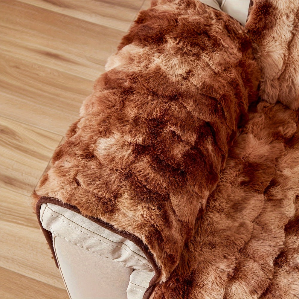Faux Rabbit Fur Recliner Cover Thick Warm Glam Style Non-Slip Pet Friendly Machine Washable Plush Armchair Slipcover for Living Room Office - Coffee Gray White
