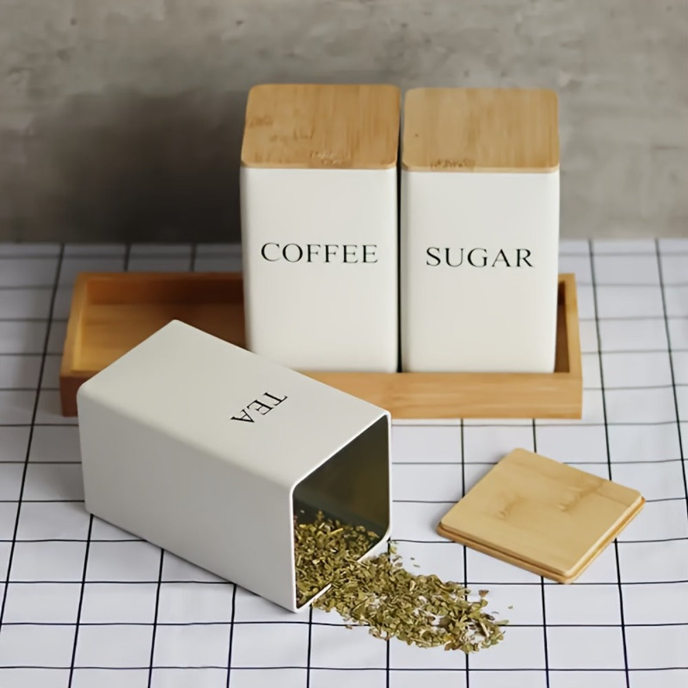 3-Piece Metal Kitchen Canister Set with Wooden Lids ¨C Coffee Tea Sugar Storage Jars, Airtight Kitchen Organizer Tins, Black or White Home Decor Gift Set