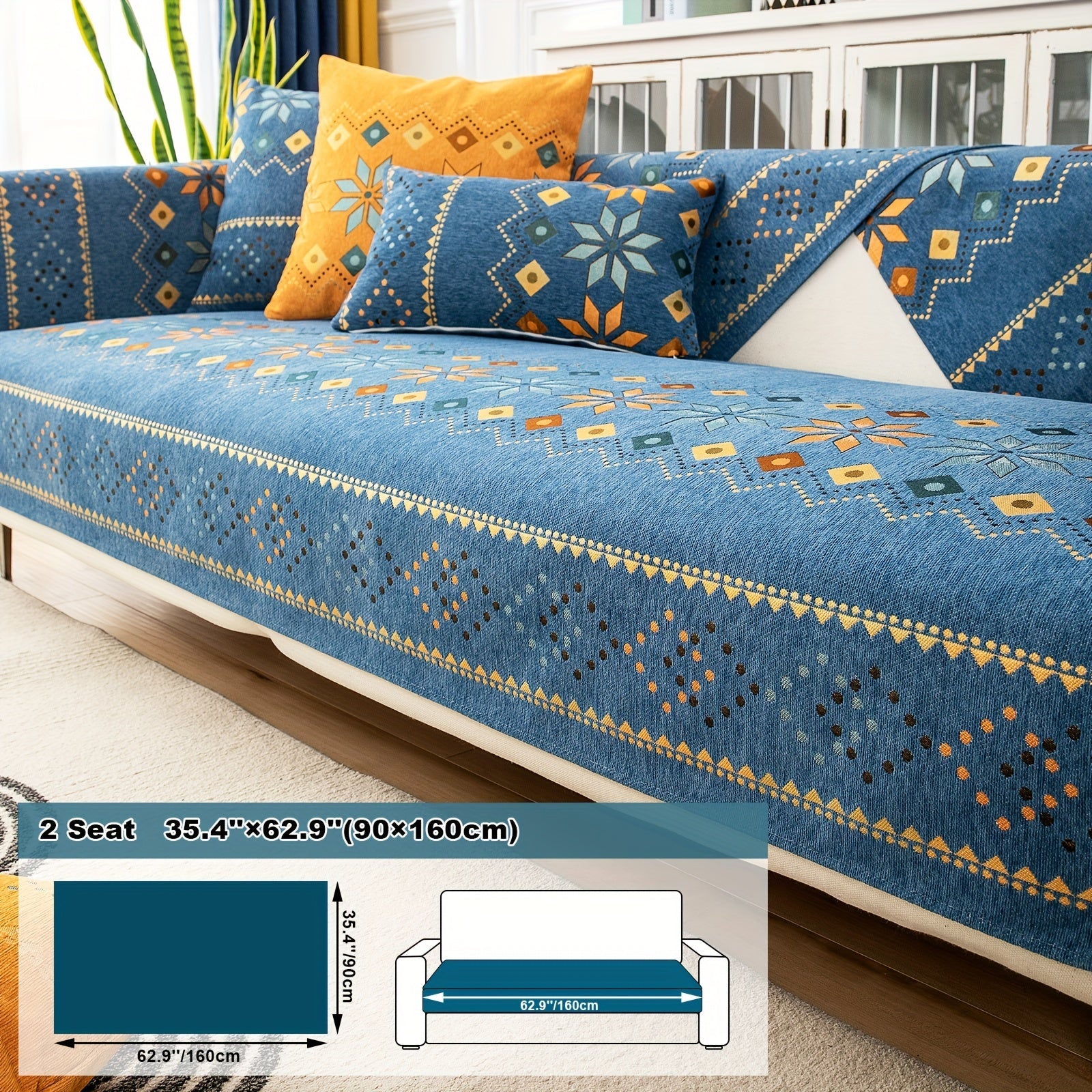Bohemian Chenille Sofa Cover | Geometric Print Non-Slip Couch Slipcover, Thick Plush Boho Style, 1 to 4 Seat, Armrest & Backrest, Machine Washable, Sectional Sofa Protector