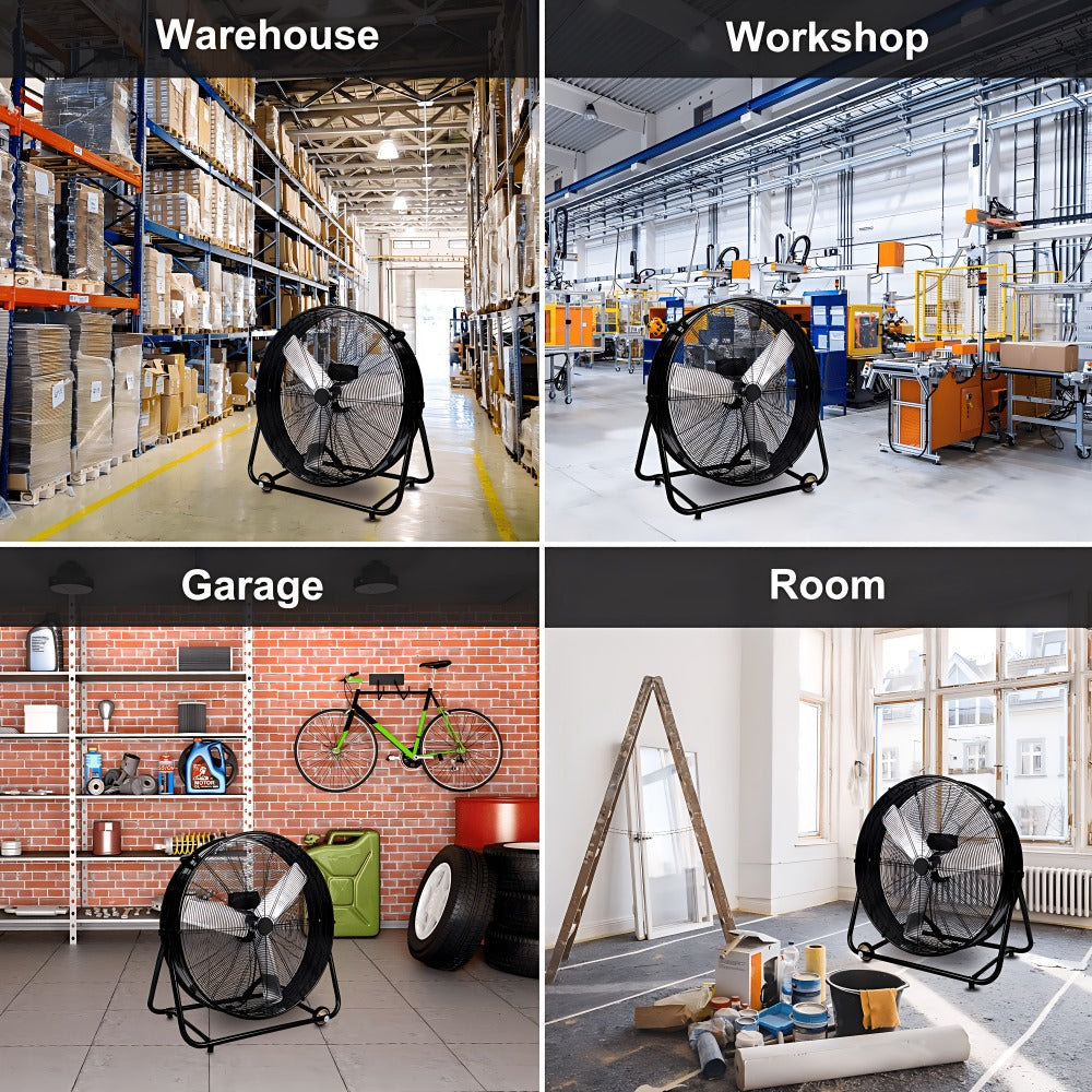 Industrial Floor Fan 24 Inch 9000 CFM Heavy Duty Drum Fan 3-Speed 360 Degree Tilt with Casters and Handle for Warehouse Garage Patio Workshop Gym Large Area Cooling