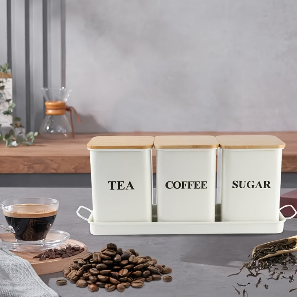 3-Piece Metal Kitchen Canister Set with Wooden Lids ¨C Coffee Tea Sugar Storage Jars, Airtight Kitchen Organizer Tins, Black or White Home Decor Gift Set