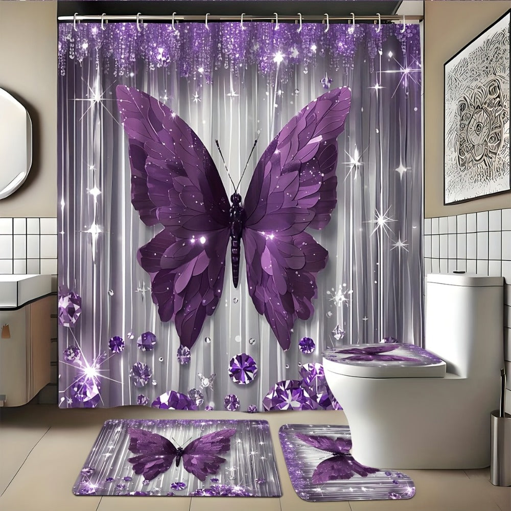 Shower Curtain Set Diamond Butterfly Print 70.8x70.8 Inch - 4 Piece Bathroom Set with U-Shape Toilet Seat Cover Non-Slip Rug 12 Hooks Machine Washable | Cyan Purple Pink | All Season Bathroom Decor