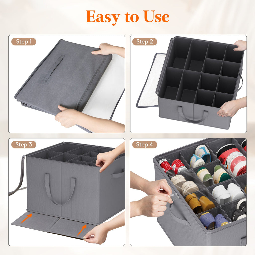 Shoe Storage Organizer with Clear Cover ¨C Foldable Shoe Box for Closet, Fits 12-16 Pairs, Reinforced Handles, Dust-Proof Non-Woven Fabric, Space-Saving Stackable Design for Boots Heels Sneakers, 1/2/3 Pack