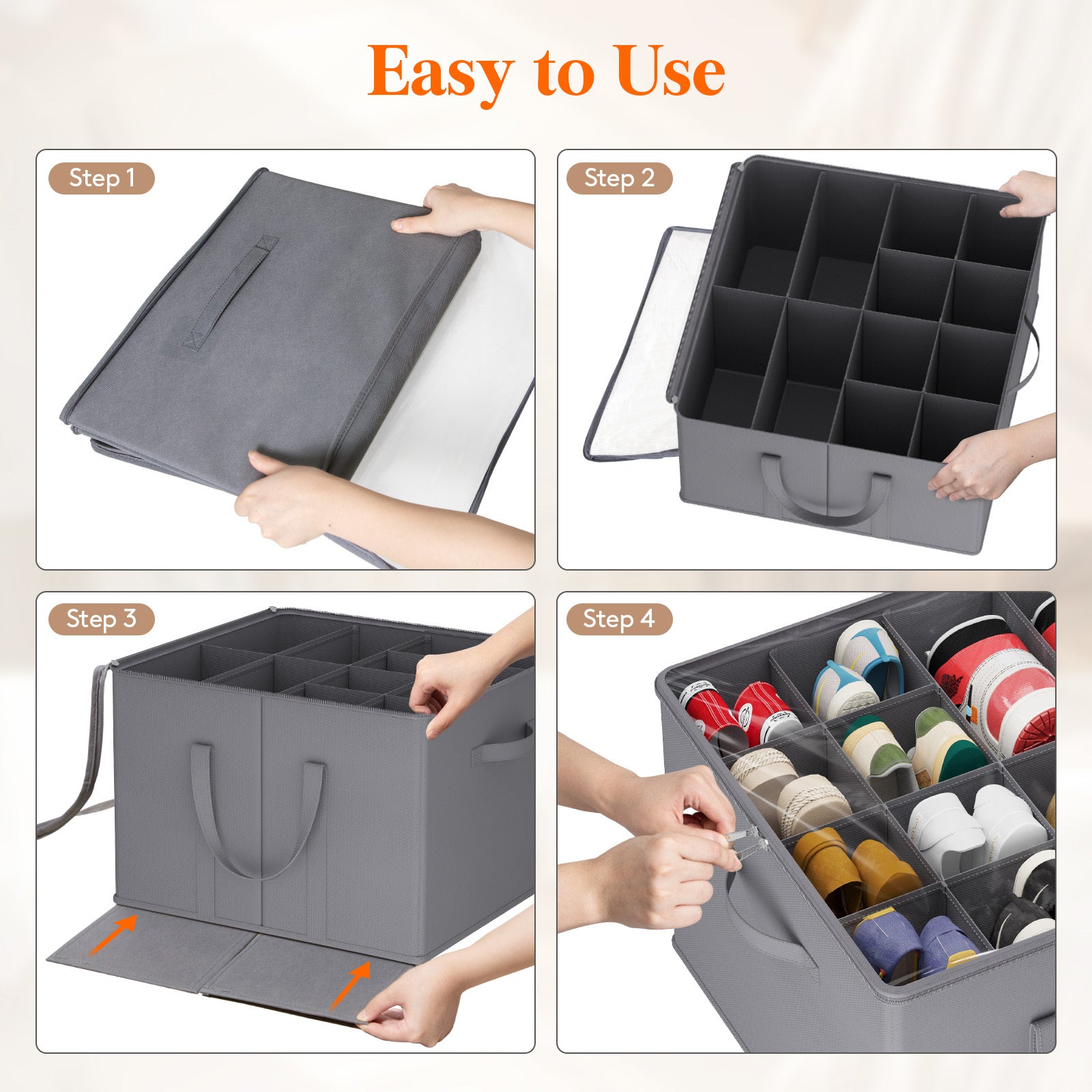 Shoe Storage Organizer with Clear Cover ¨C Foldable Shoe Box for Closet, Fits 12-16 Pairs, Reinforced Handles, Dust-Proof Non-Woven Fabric, Space-Saving Stackable Design for Boots Heels Sneakers, 1/2/3 Pack