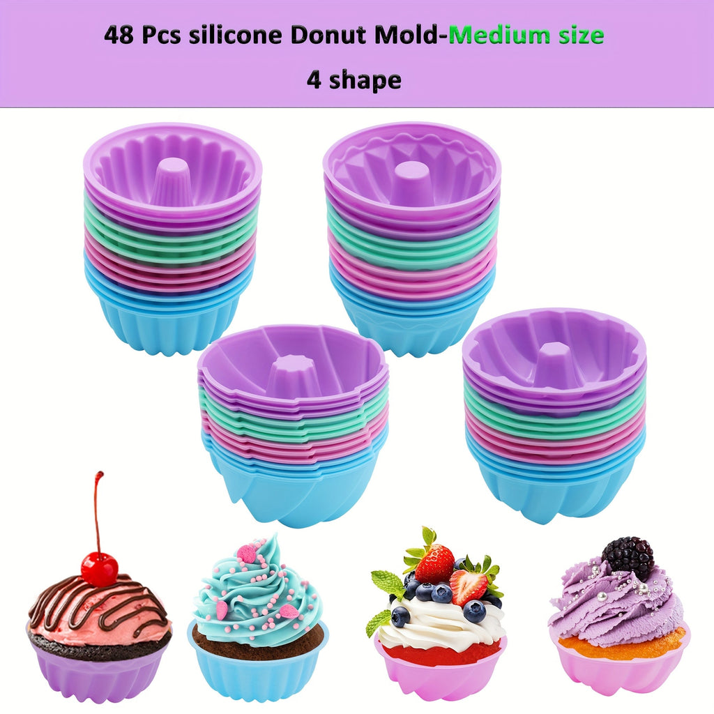 Silicone Donut Mold 48pcs, Nonstick Silicone Baking Cups with 4 Shapes (Thread, Woven, Pumpkin, Flower), Muffin Jello Bagel Pan, Oven Microwave Dishwasher Safe Silicone Baking Molds for Donuts and Cupcakes