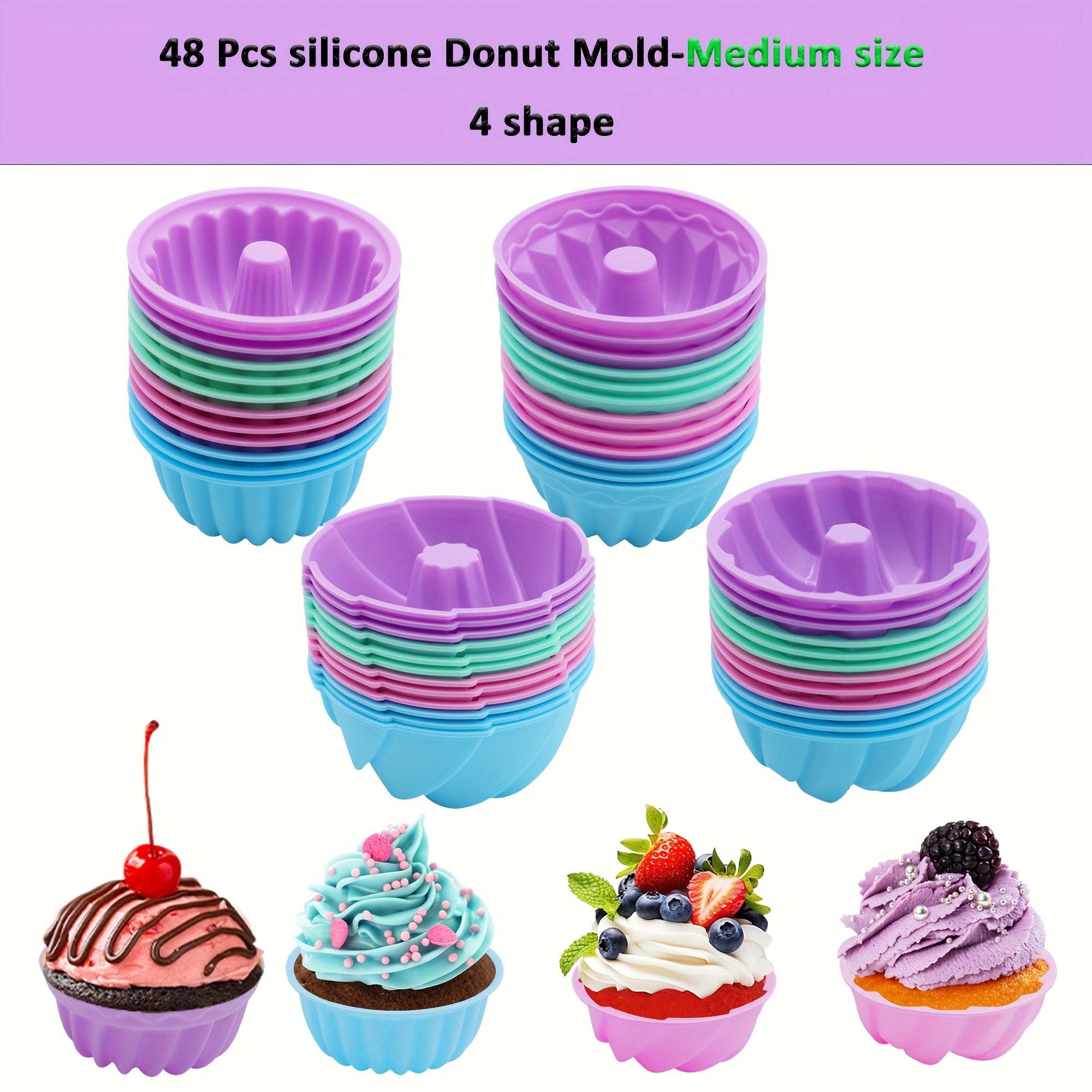 Silicone Donut Mold 48pcs, Nonstick Silicone Baking Cups with 4 Shapes (Thread, Woven, Pumpkin, Flower), Muffin Jello Bagel Pan, Oven Microwave Dishwasher Safe Silicone Baking Molds for Donuts and Cupcakes