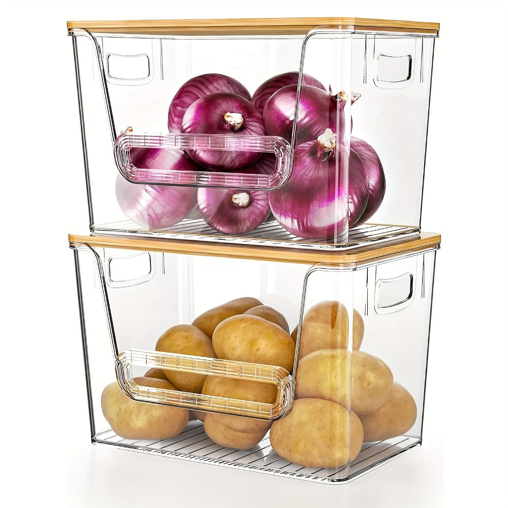 Clear Stackable Kitchen Pantry Organizer 2 Pack with Bamboo Top Durable PET Storage Bins for Onions Potatoes Fruits Vegetables Space Saving Ventilated Produce Organizer