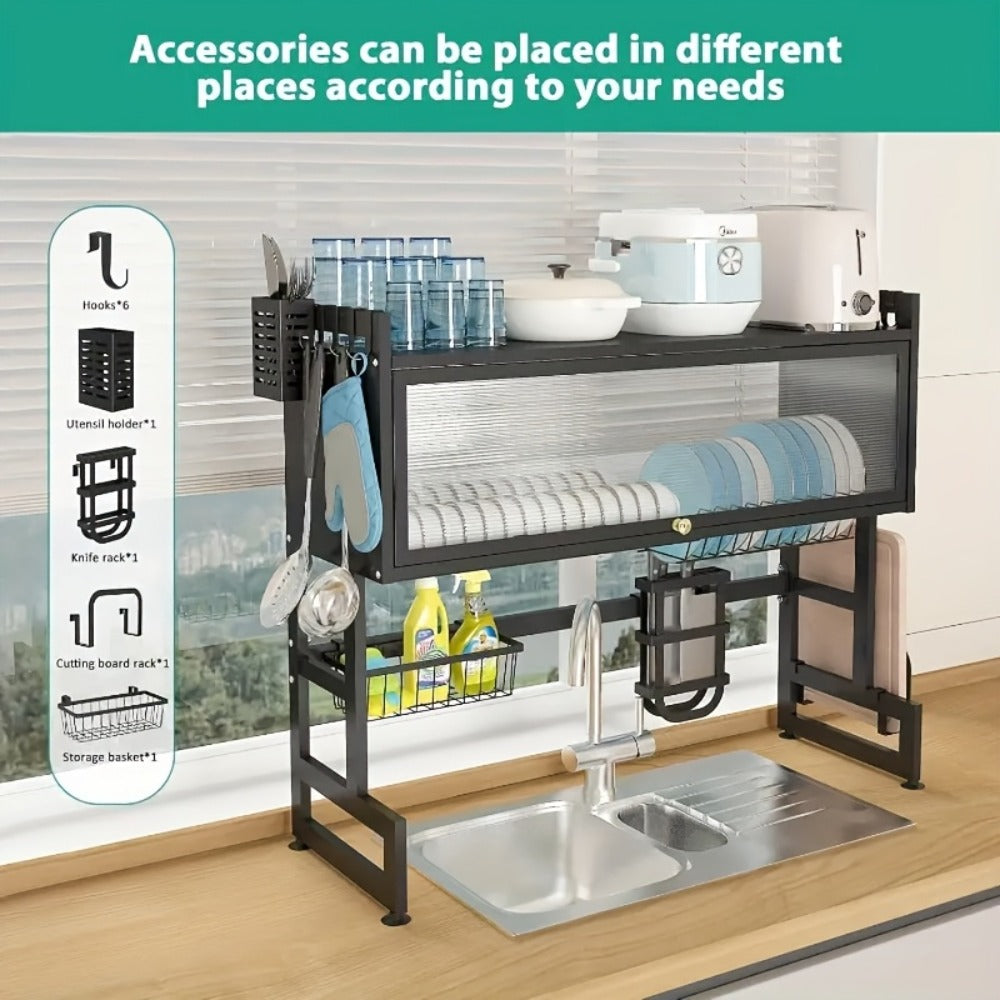 Dish Drying Rack Multi-Layer Kitchen Countertop Organizer - Dust-Free Drainer for Plates Bowls Utensils, Black Large Capacity Dish Rack