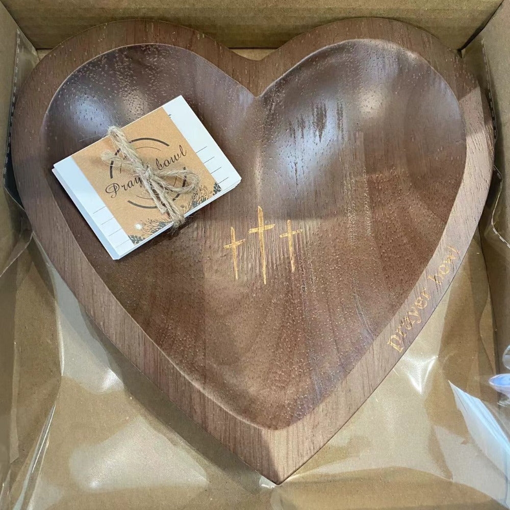 Wooden Prayer Bowl with 24 Prayer Cards ¨C Hand-Carved Heart Shaped Cross Engraved Vintage Religious Gift Set for Easter, Christmas, Thanksgiving, Home Altar & Prayer Room Tabletop Decor