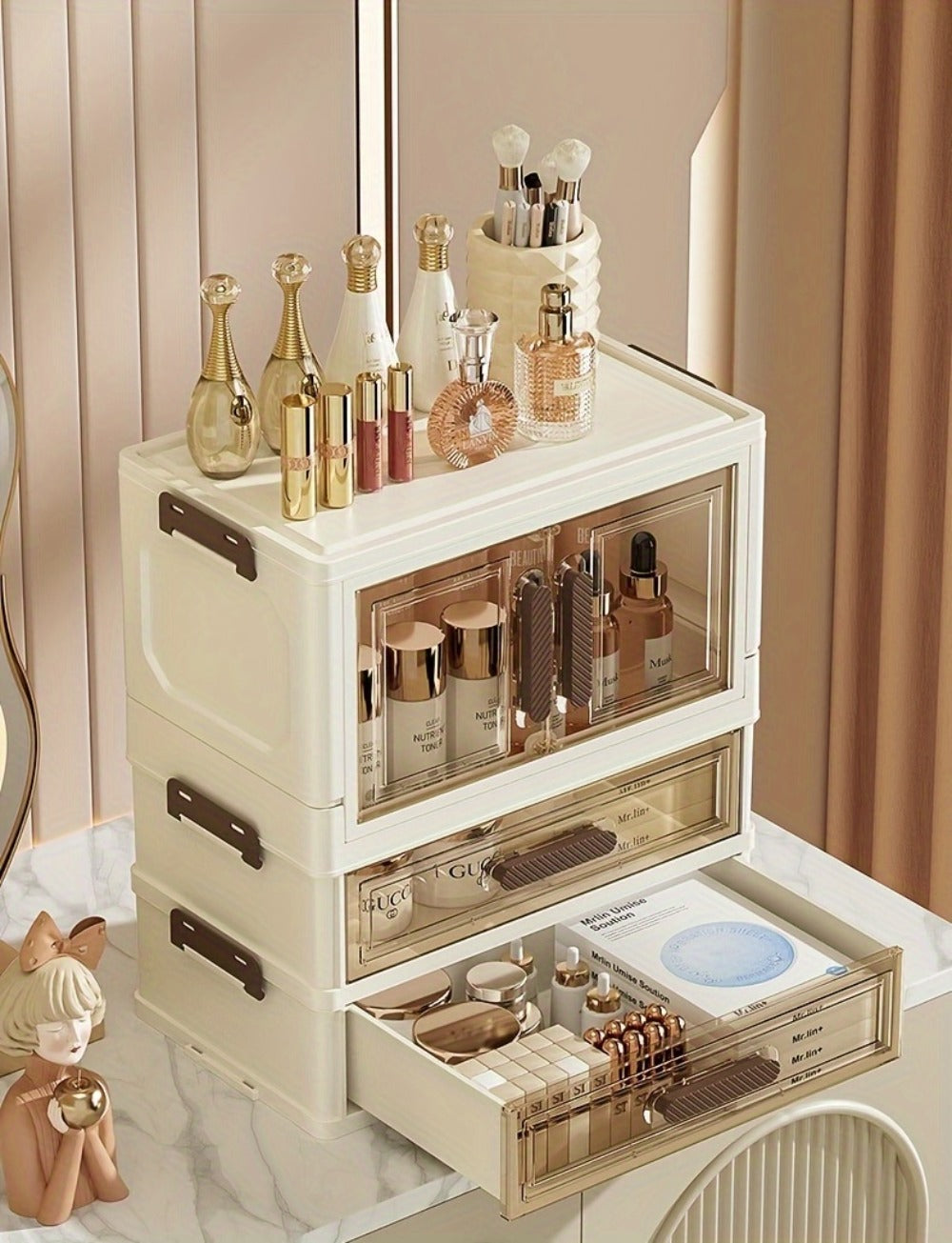 Makeup Storage Cabinet with Transparent Drawers, Stackable Cosmetic Organizer for Vanity, Foldable Plastic Skincare Storage Box, Retro White Gold Design, Desk Organizer for Bedroom Home