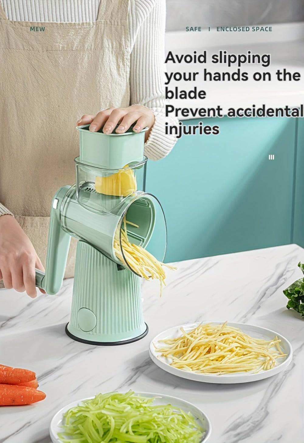 Rotary Cheese Grater with Interchangeable Blades ¨C 5-in-1 Manual Vegetable Slicer Shredder Set, Suction Cup Base, Easy to Clean, Multifunctional Kitchen Tool for Fruits, Vegetables & Nuts
