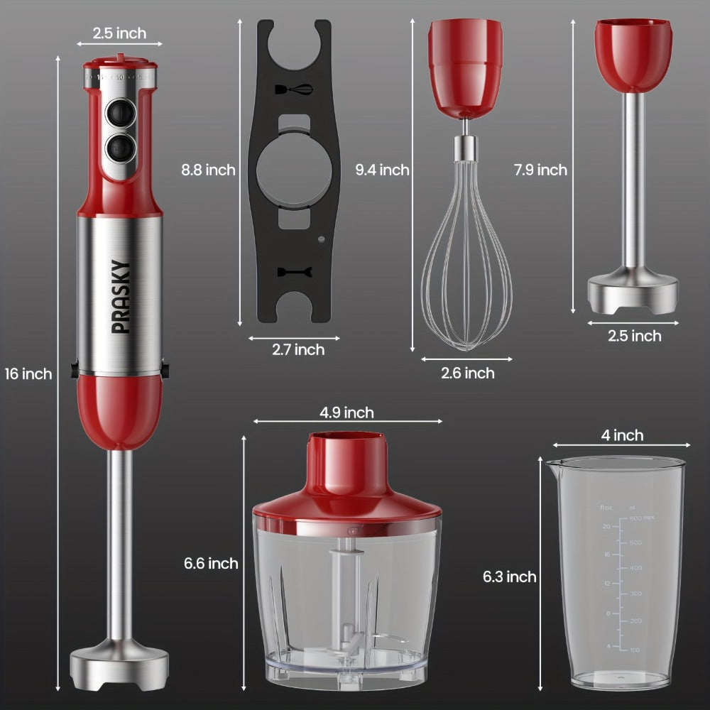 Immersion Blender 5-in-1 Handheld Mixer | Heavy Duty Motor | Whisk Meat Chopper Measuring Cup Attachments | Stick Blender for Soups Smoothies Sauces | Kitchen Hand Blender Red Black