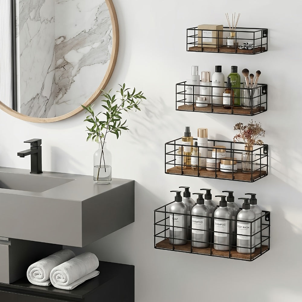 Floating Wall Shelves Set, Wall Mounted Storage Shelf Organizer for Bathroom Bedroom Living Room Kitchen, Multi-Size Space-Saving Wall Rack Decor
