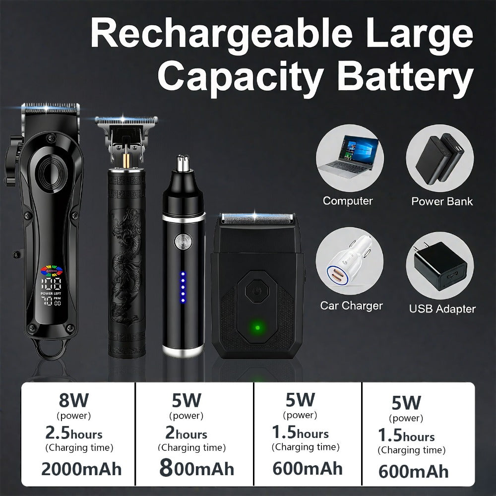 Electric Hair Clipper Set with LCD Screen - USB Rechargeable Hair Trimmer Kit with T-Blade, Guide Combs, Nose Hair Trimmer, Professional Grooming Kit for Men & Women, Home & Barber Shop Use