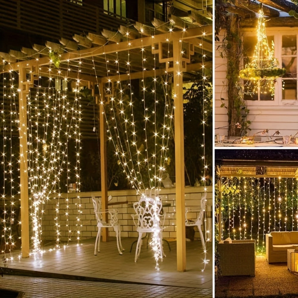 Solar String Lights Outdoor 300 LED Waterfall Fairy Lights, USB Rechargeable with Remote Control, Twinkling Warm White Color White, for Patio Gazebo Garden Backyard Tree Wedding Party Decoration