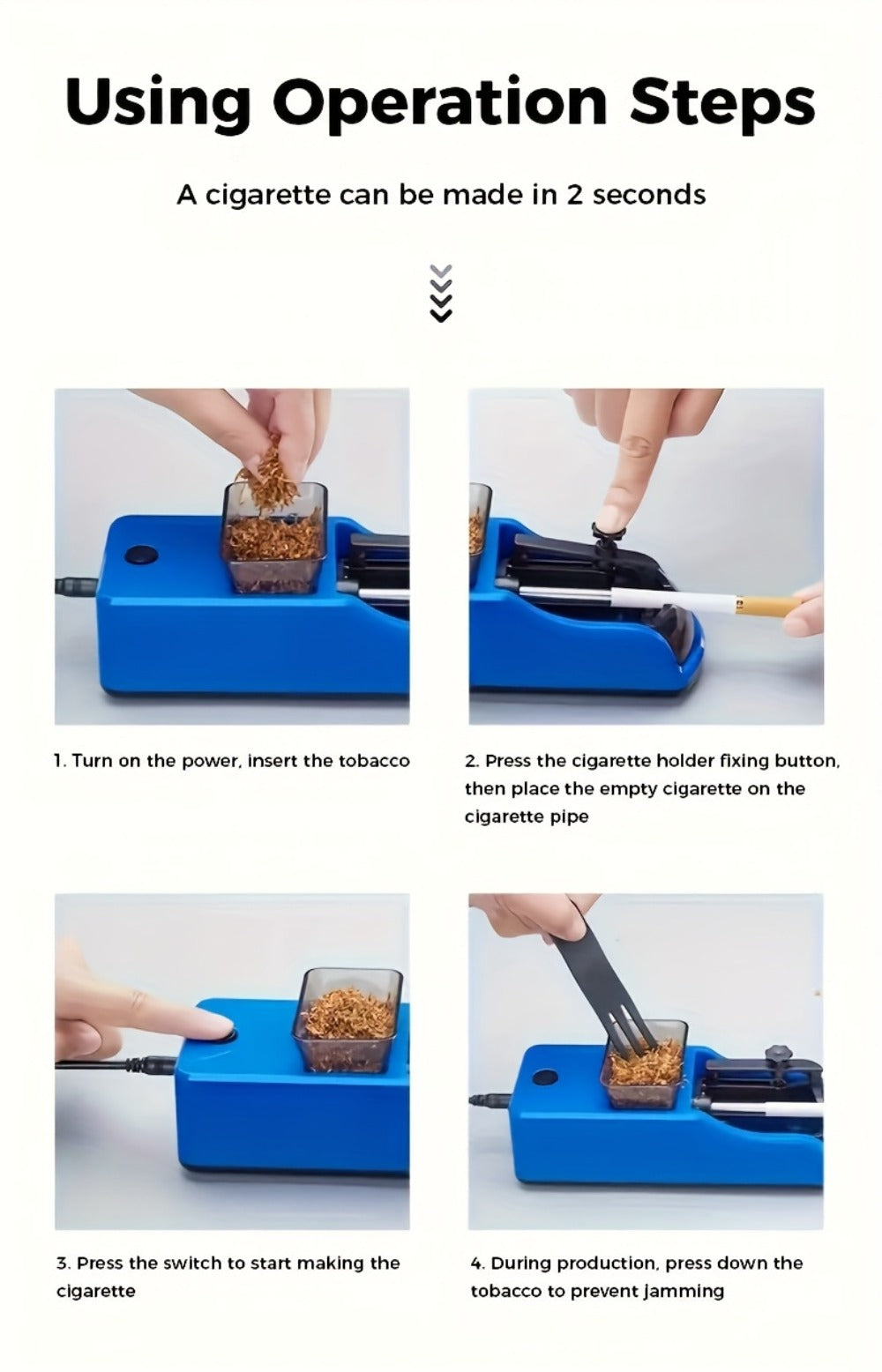 Electric Cigarette Rolling Machine USB Rechargeable Automatic Cigarette Roller 2-Second Rapid Roll High Power Motor Stainless Steel Durable Portable Tobacco Injector Black Blue