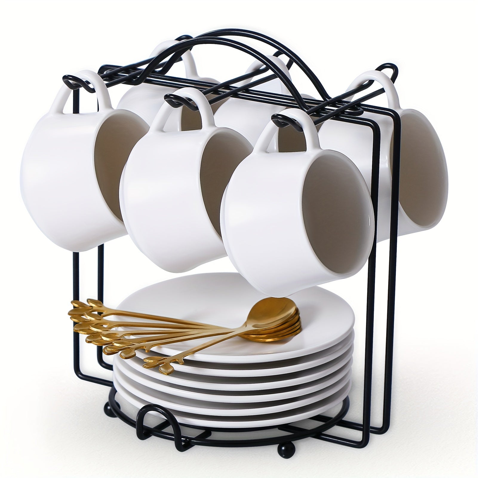 Espresso Cups Set of 6 with Saucers, Spoons & Metal Stands - 4oz Ceramic Cappuccino Coffee Cup Set, Dishwasher Safe Demitasse Cups for Espresso, Lungo, Cortado & Latte, Elegant Coffee Gift Set