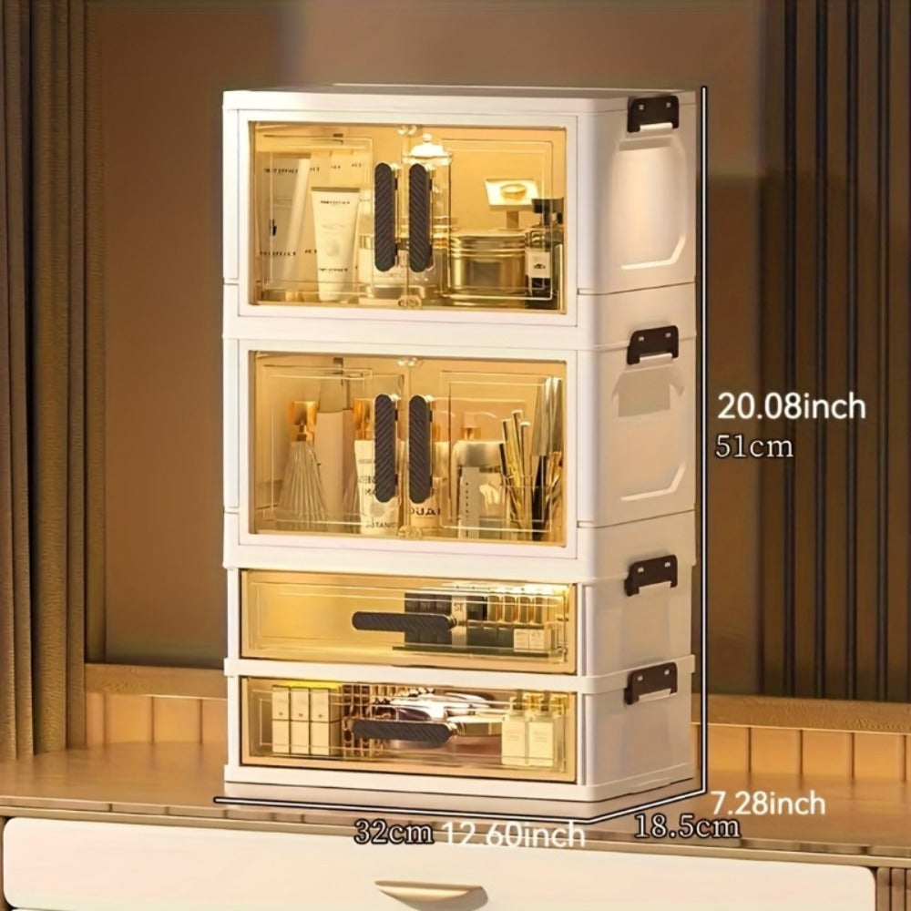 Makeup Storage Cabinet with Transparent Drawers, Stackable Cosmetic Organizer for Vanity, Foldable Plastic Skincare Storage Box, Retro White Gold Design, Desk Organizer for Bedroom Home