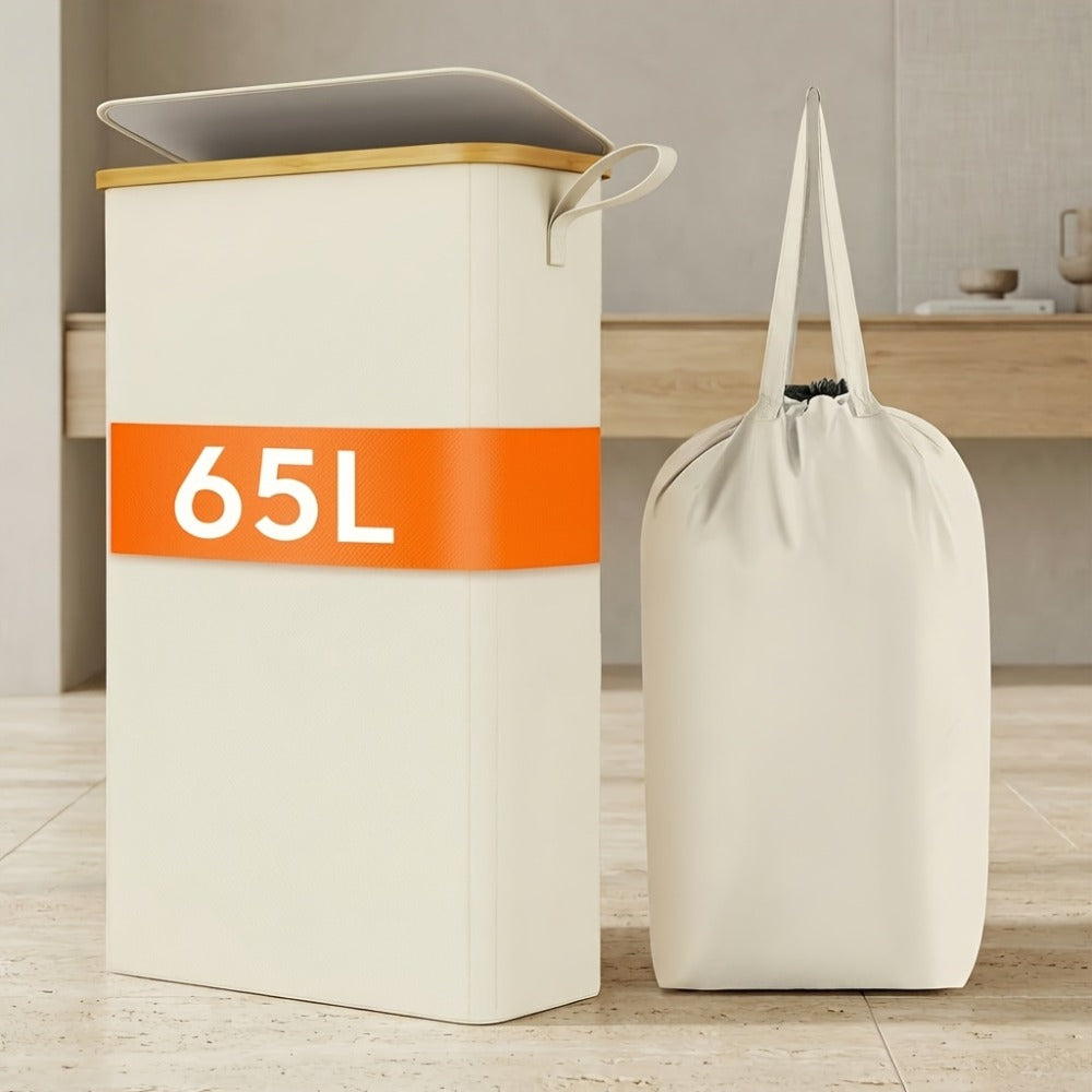 Slim Laundry Hamper with Lid & Removable Bag ¨C Foldable Narrow Clothes Basket with Bamboo Handles for Bathroom, Bedroom & Dorm ¨C 50L / 65L / 75L Space-Saving Collapsible Laundry Bin