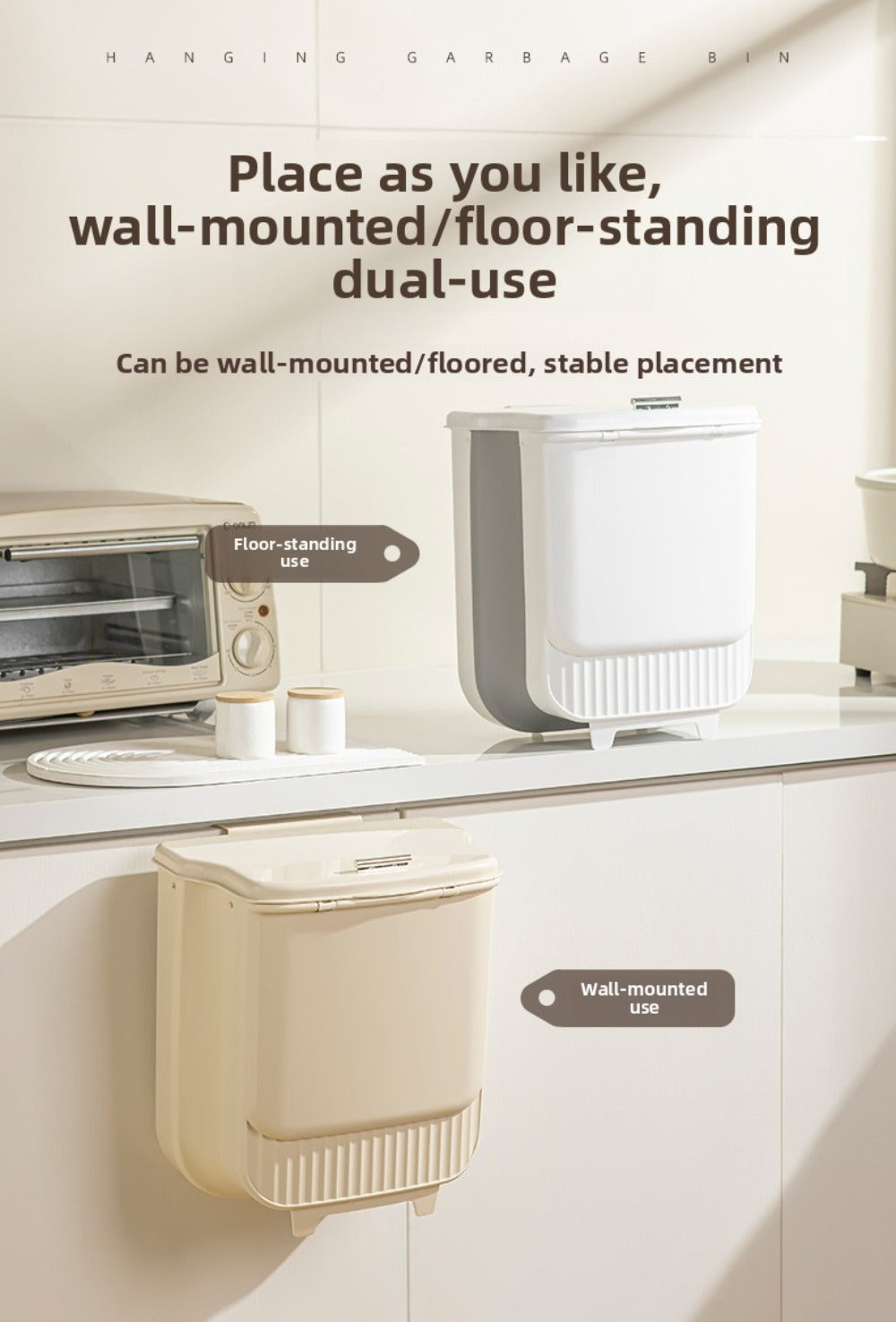 Collapsible Trash Can with Lid Wall Mounted Cabinet Door Hanging Waste Bin 1.85 Gallon Kitchen Bathroom Odor Control Space Saving Garbage Can
