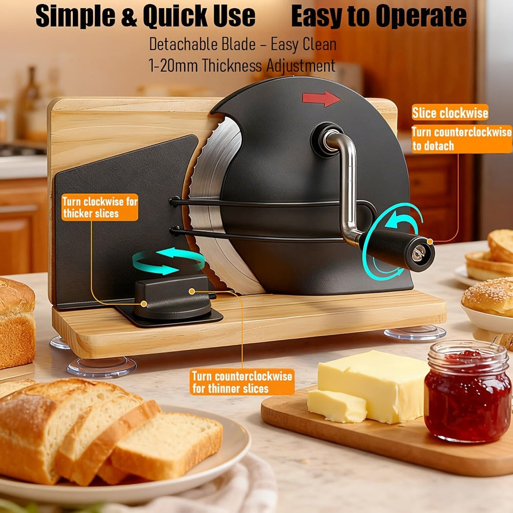 Bread Slicer Manual Adjustable Thickness Uniform Slices Hand Crank Serrated Blade Suction Base Measurement Markings for Sourdough Artisan Homemade Bread Loaf