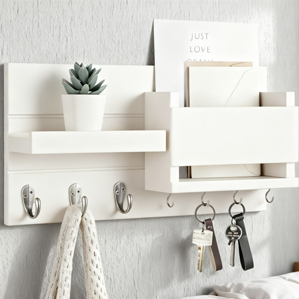 Wall Mounted Storage Rack with Mail Slot ¨C Rustic Wood Floating Shelf with Hooks for Keys, Hats & Envelopes, Decorative Organizer for Entryway, Porch, Bedroom, Bathroom & Living Room