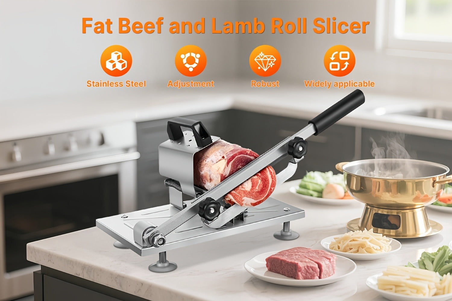 Manual Meat Slicer ¨C Stainless Steel Food Slicer with Adjustable Thickness, Sharp 430 Steel Blade for Slicing Frozen Meat, Vegetables & Fruits, Durable, Easy to Clean, Home Kitchen Cutter
