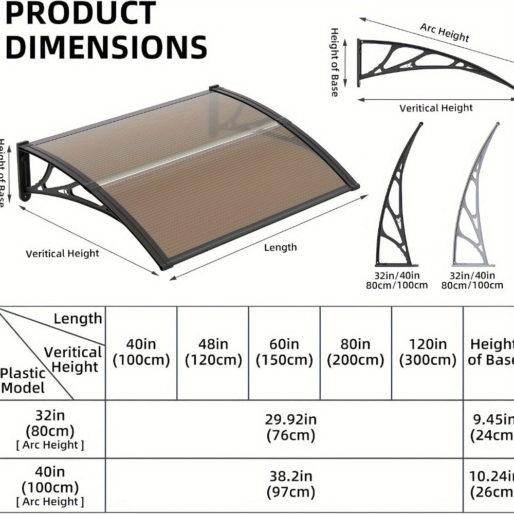 Polycarbonate Window Awning Door Canopy - UV Rain Snow Sun Protection Overhang for Doorways, Patio & Windows, Multiple Sizes, Black/Gray Bracket with Blue/Clear/Brown Board