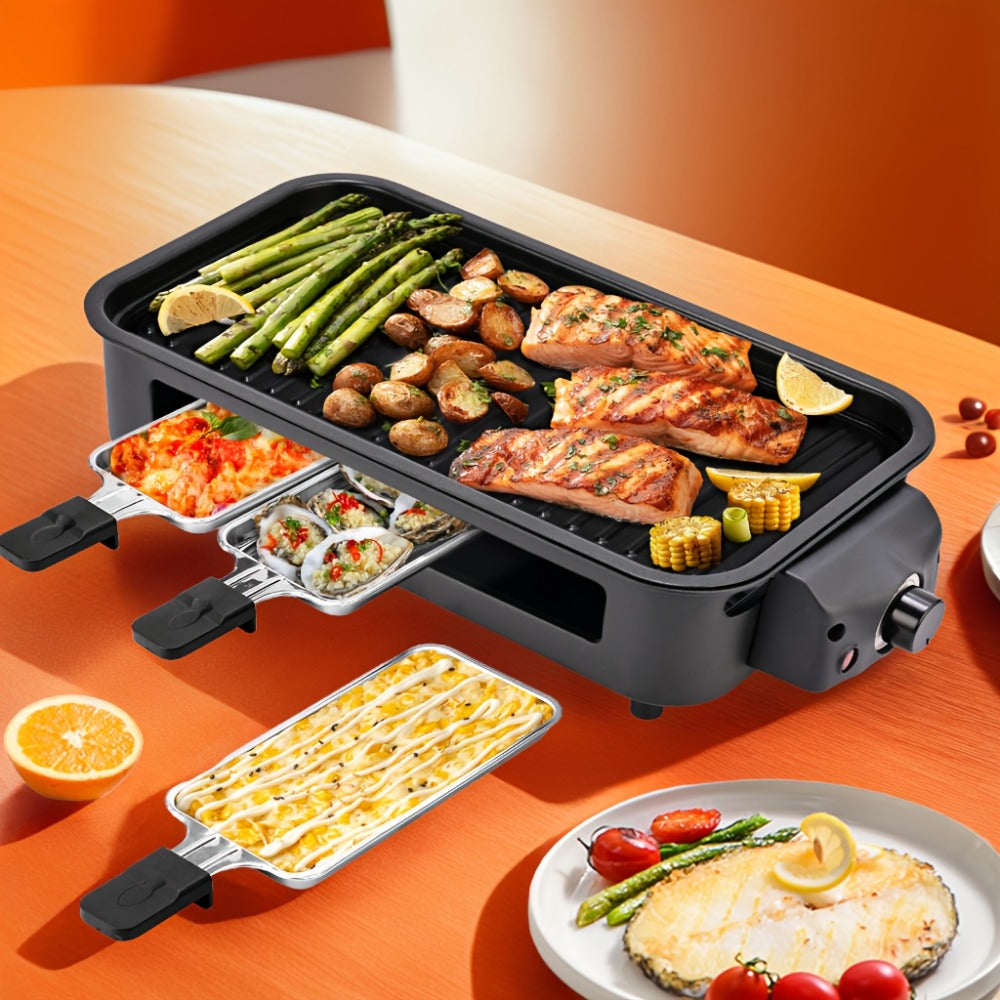 Indoor Electric Smokeless Grill 1500W ¨C Raclette Table Grill with 3 Mini Pans, 16x9¡± Non-Stick Detachable Plate, Dishwasher Safe, Portable for Home Kitchen