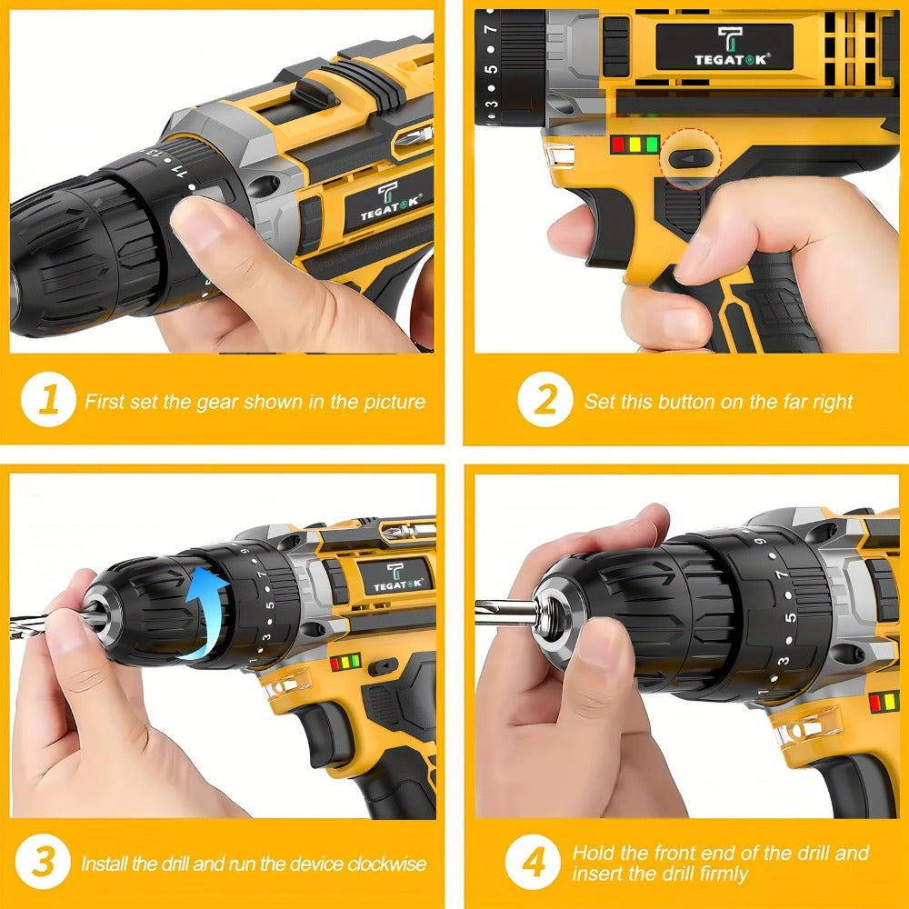 Cordless Drill Set 20V - Tegatok Impact Drill Kit with 45Nm Torque, 23-Speed Settings, LED Light, 2.0Ah Battery & Fast Charger, 58/136/145pcs Accessories for Home Renovation, Woodworking & Metal Drilling